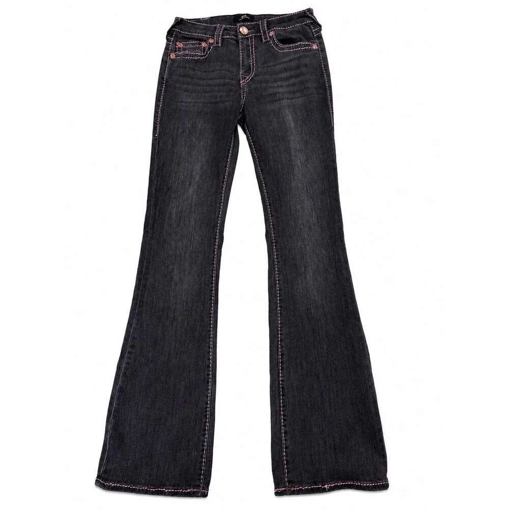 True Religion Becca Women Pink Big T Stitch Bootcut Jeans Washed Black Size 27